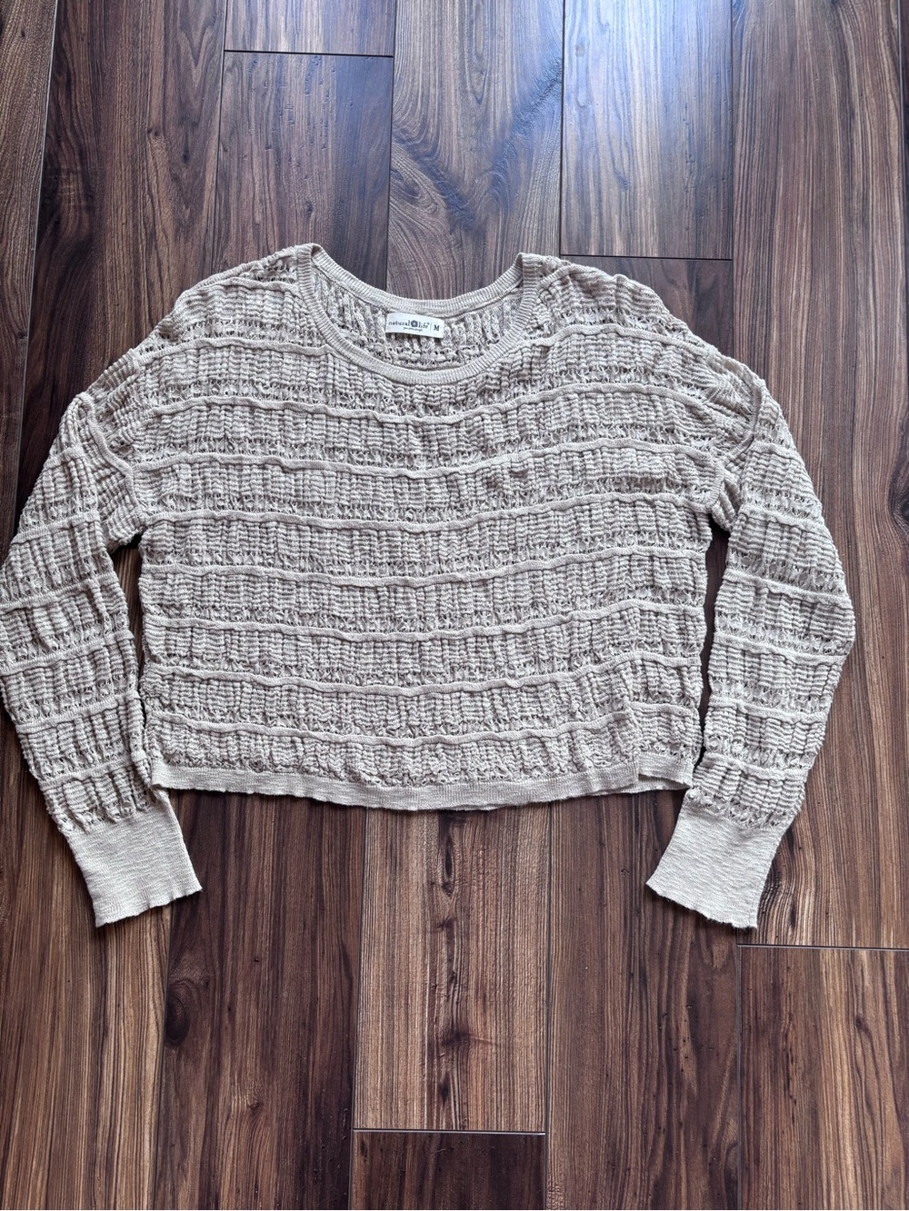 NATURAL LIFE Beige Tan Open-Weave Crewneck Sweater, Emily - Picture 2 of 6